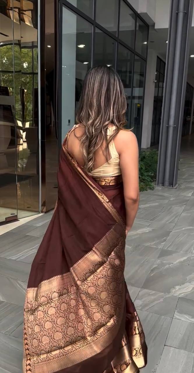 RUBY BROWN SOFT LICHI SILK JACQUARD WORK SAREE