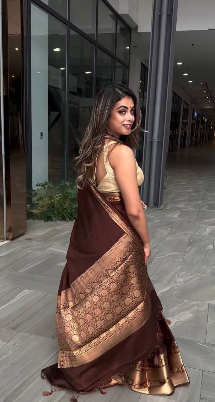 RUBY BROWN SOFT LICHI SILK JACQUARD WORK SAREE
