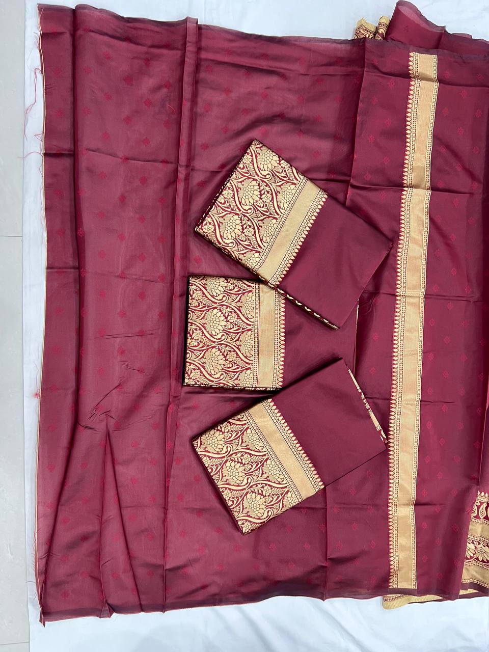 RUBY BROWN SOFT LICHI SILK JACQUARD WORK SAREE