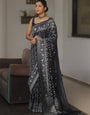 Ebony Black Zari Weaving Soft Lichi Silk Saree