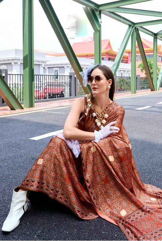 Next Generation Brown Ajrakh Satin Crepe Silk Printed Saree