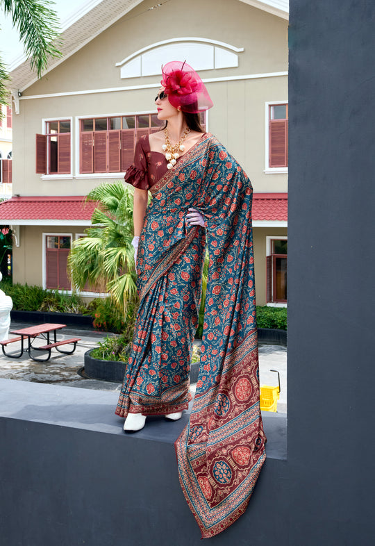 Next Generation Blue Ajrakh Satin Crepe Silk Printed Saree