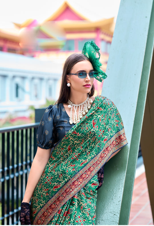 Next Generation Dark Green Ajrakh Satin Crepe Silk Printed Saree