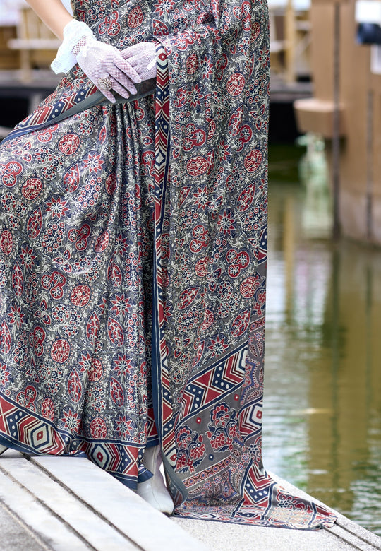 Next Generation Grey Ajrakh Satin Crepe Silk Printed Saree