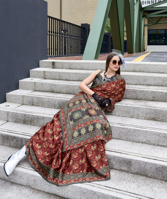 Next Generation Brown Ajrakh Satin Crepe Silk Printed Saree