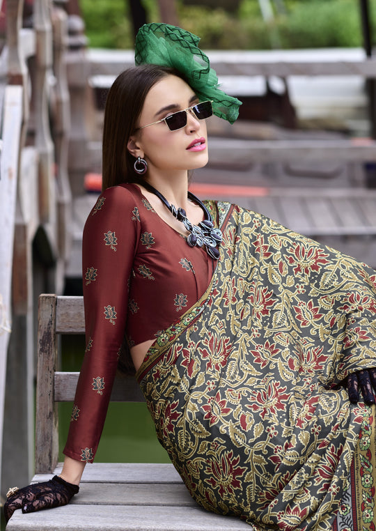 Next Generation Cream Ajrakh Satin Crepe Silk Printed Saree
