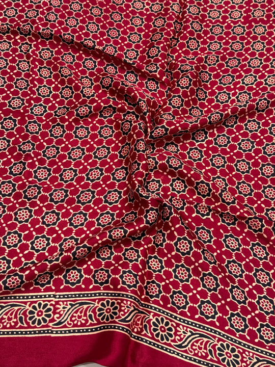 Cranberry Ajrakh Hand Block Modal Silk Saree With Fancy Ajrakh Pallu