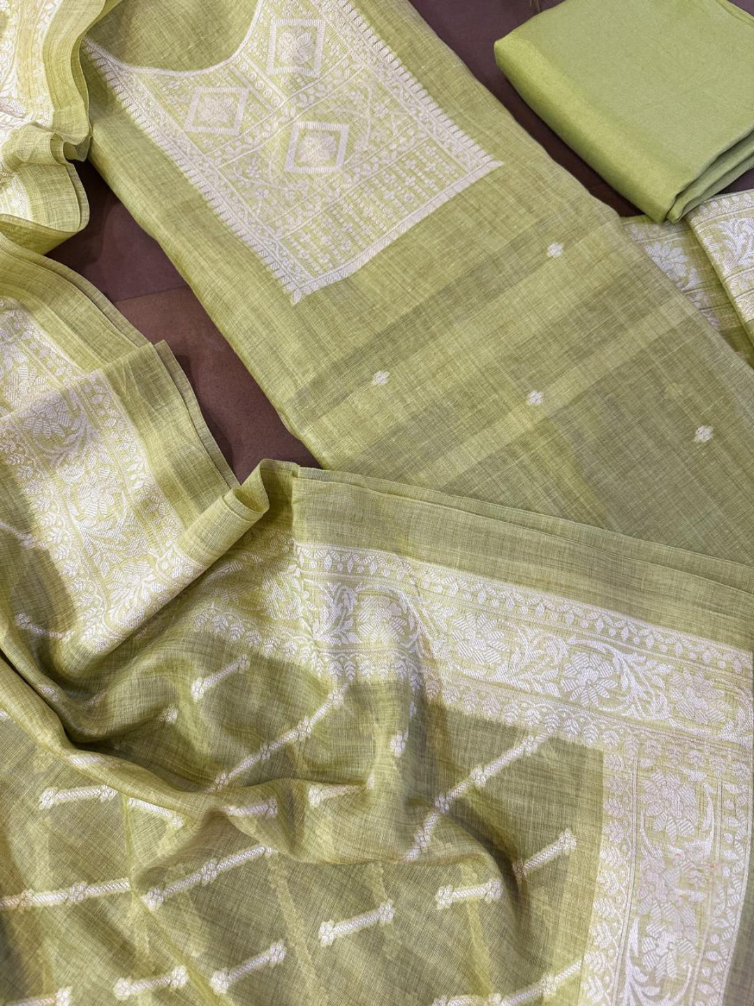 Dusty Green Pure Soft Muga Cotton Weaving Work Unstitched Dress Material