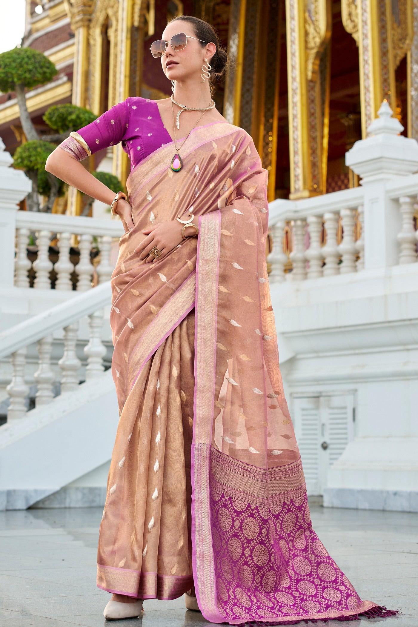 Royal Peach Tissues Silk Zari Booti Woven Saree