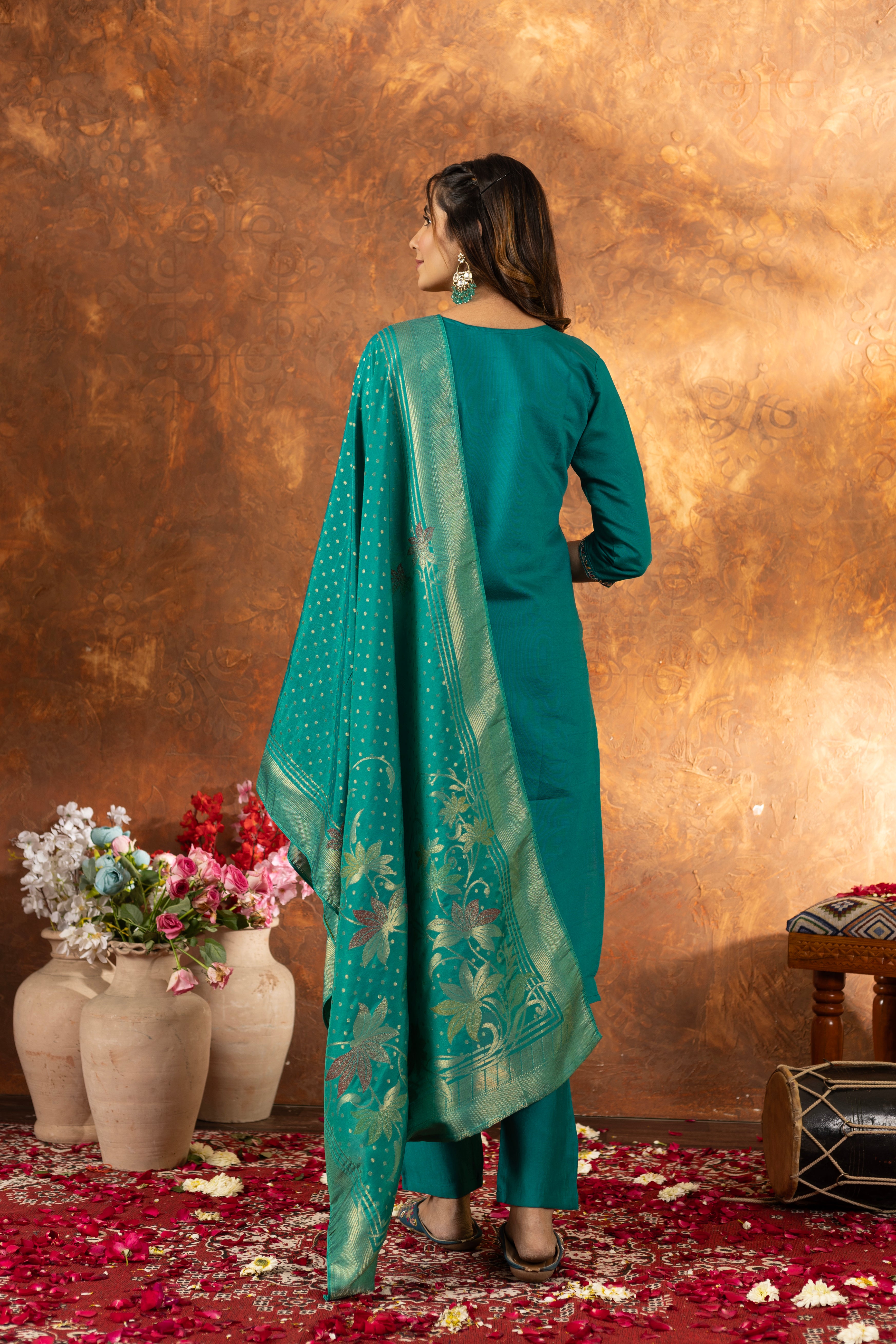 Rama Marina Silk Embroidery Thread With Hand Work Suit Set – Saree rang