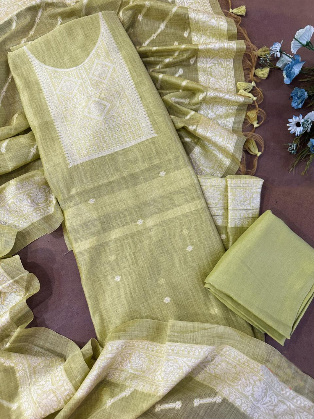 Dusty Green Pure Soft Muga Cotton Weaving Work Unstitched Dress Material