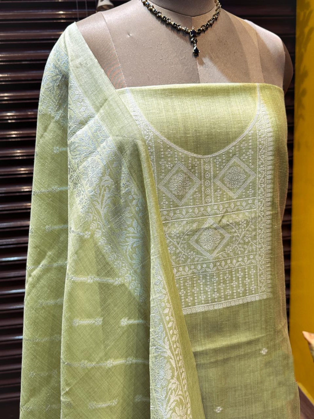 Dusty Green Pure Soft Muga Cotton Weaving Work Unstitched Dress Material