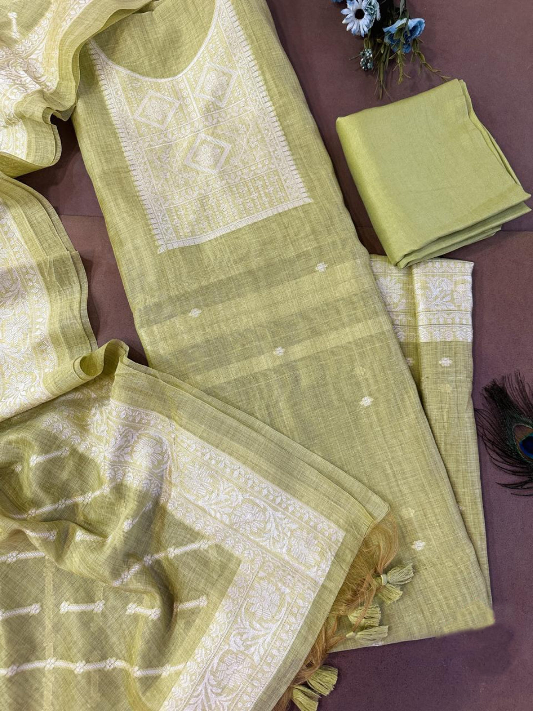 Dusty Green Pure Soft Muga Cotton Weaving Work Unstitched Dress Material