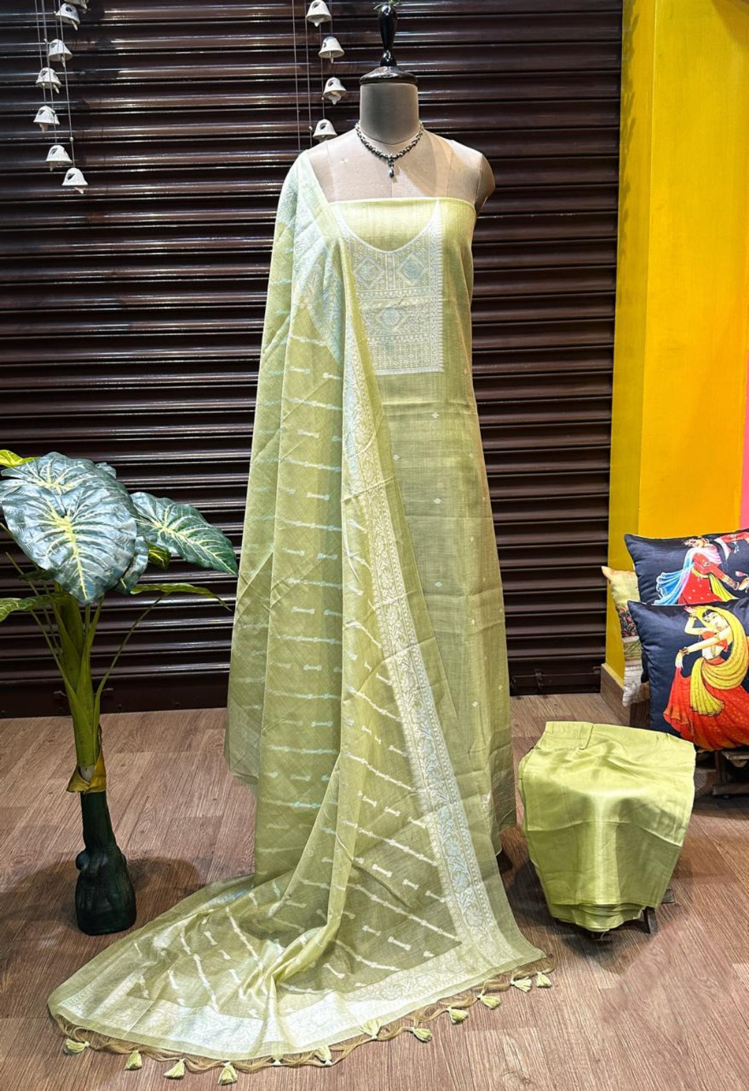 Dusty Green Pure Soft Muga Cotton Weaving Work Unstitched Dress Material