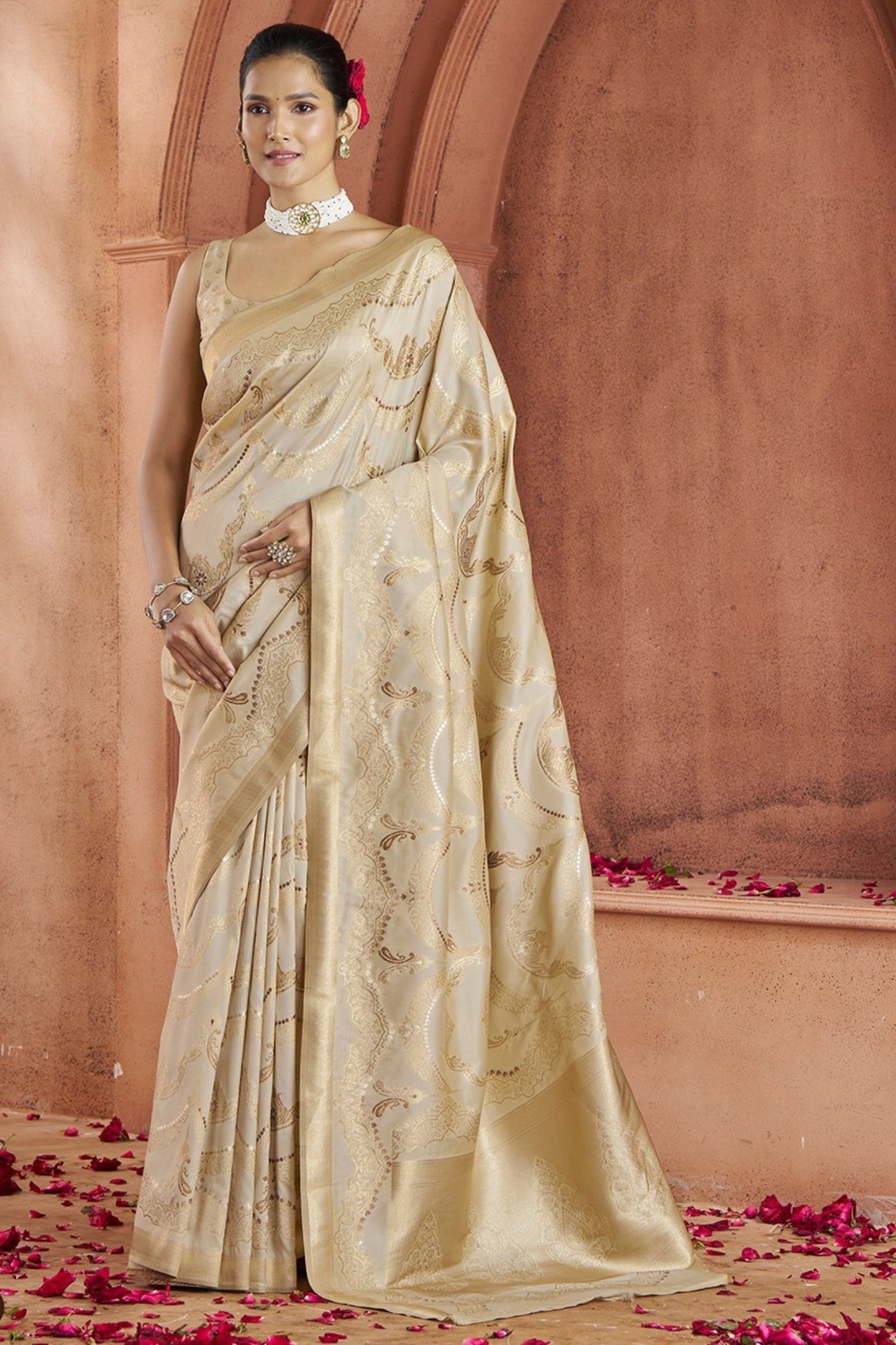 Savitri Cream Pure Soft Banarasi Silk Woven Saree