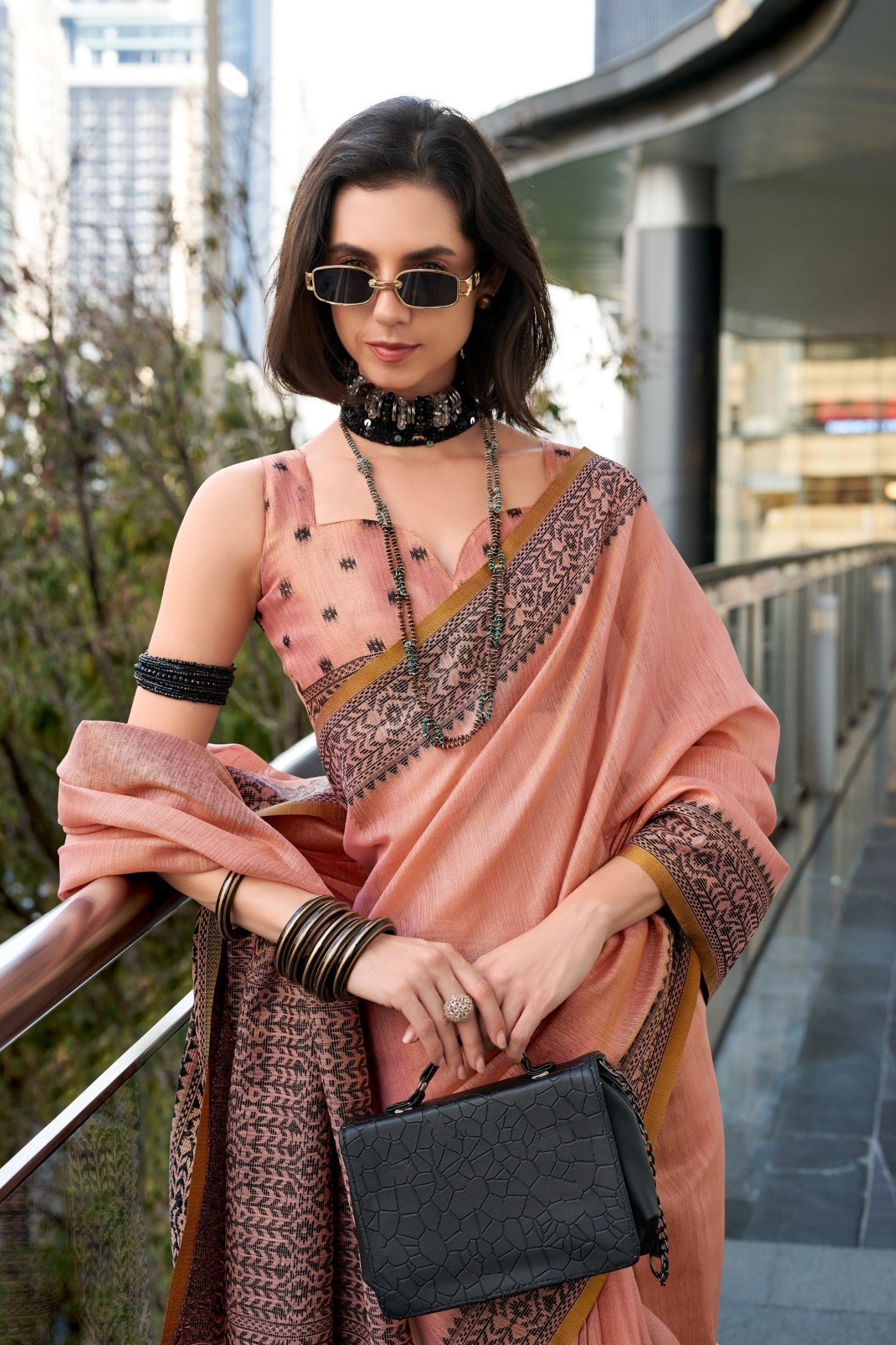 BlackBerry Blush Orange Pure Linen Tissue Silk Woven Saree