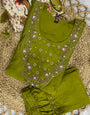 Pea Green Marina Silk Embroidery Thread With Hand Work Suit Set