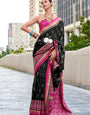 Qutub Minar Black Pure Soft Banarasi Silk Ikkat Weaving Saree