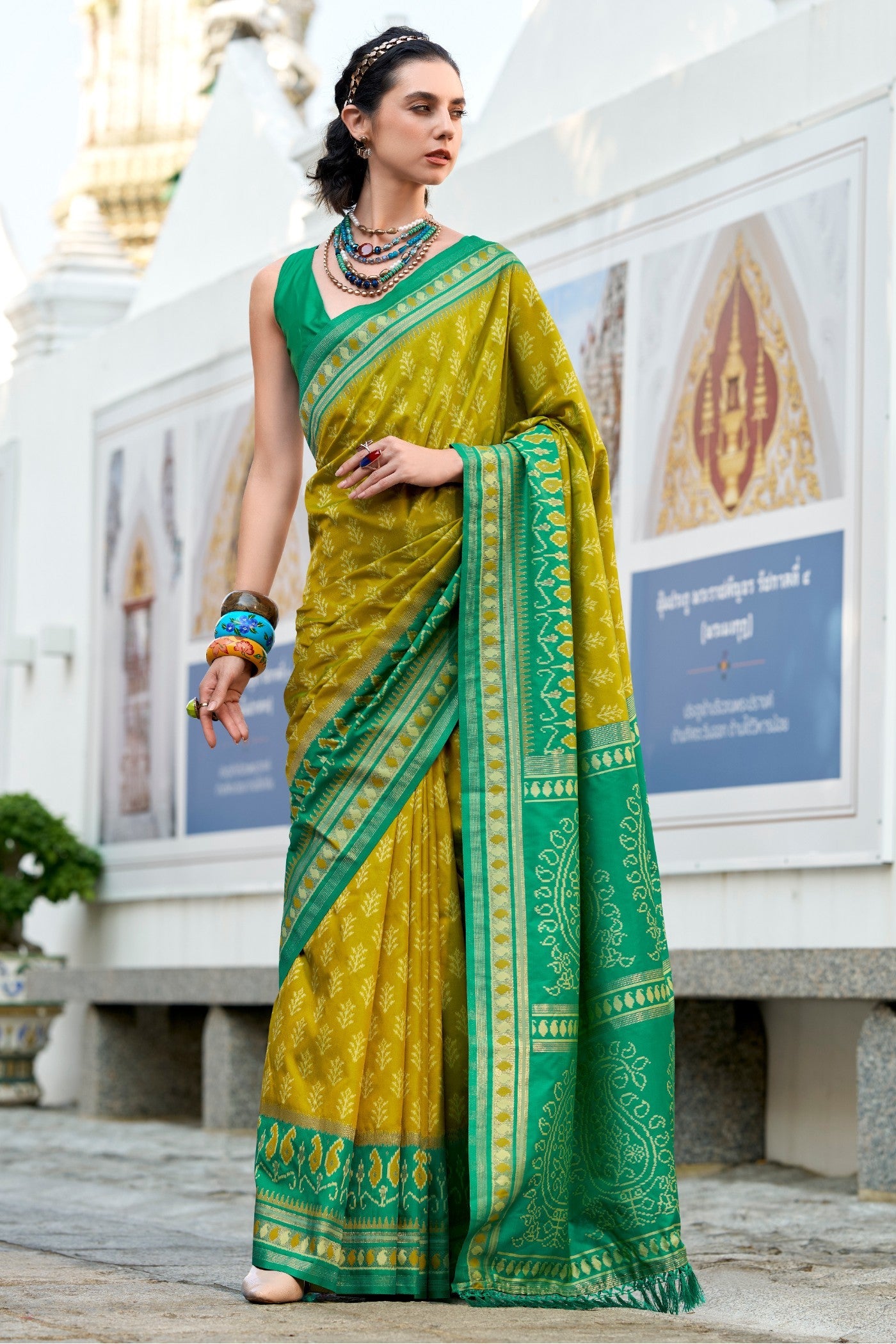Taj Mahal Mehndi Soft Banarasi Ikkat Silk Woven Saree