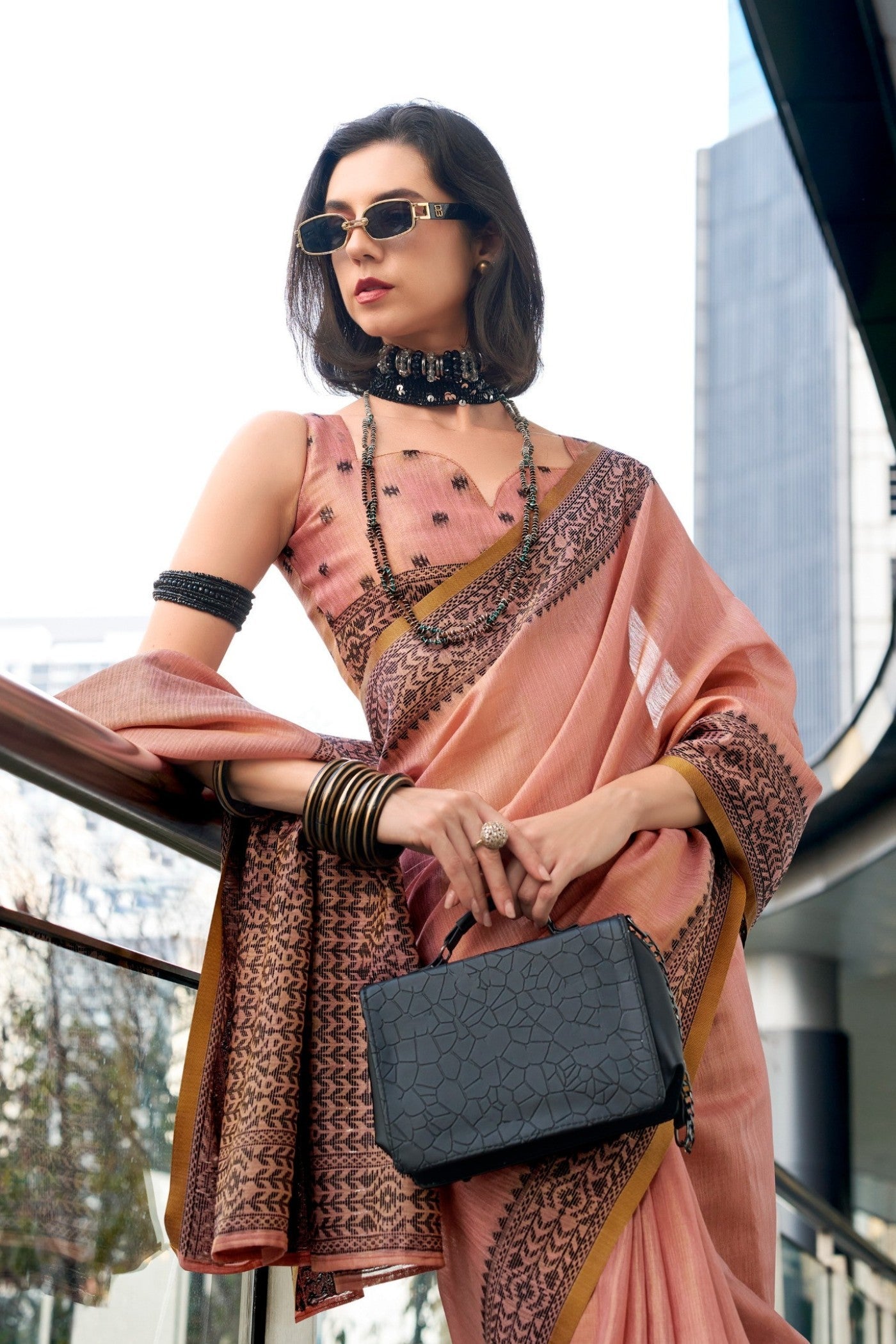 BlackBerry Blush Orange Pure Linen Tissue Silk Woven Saree
