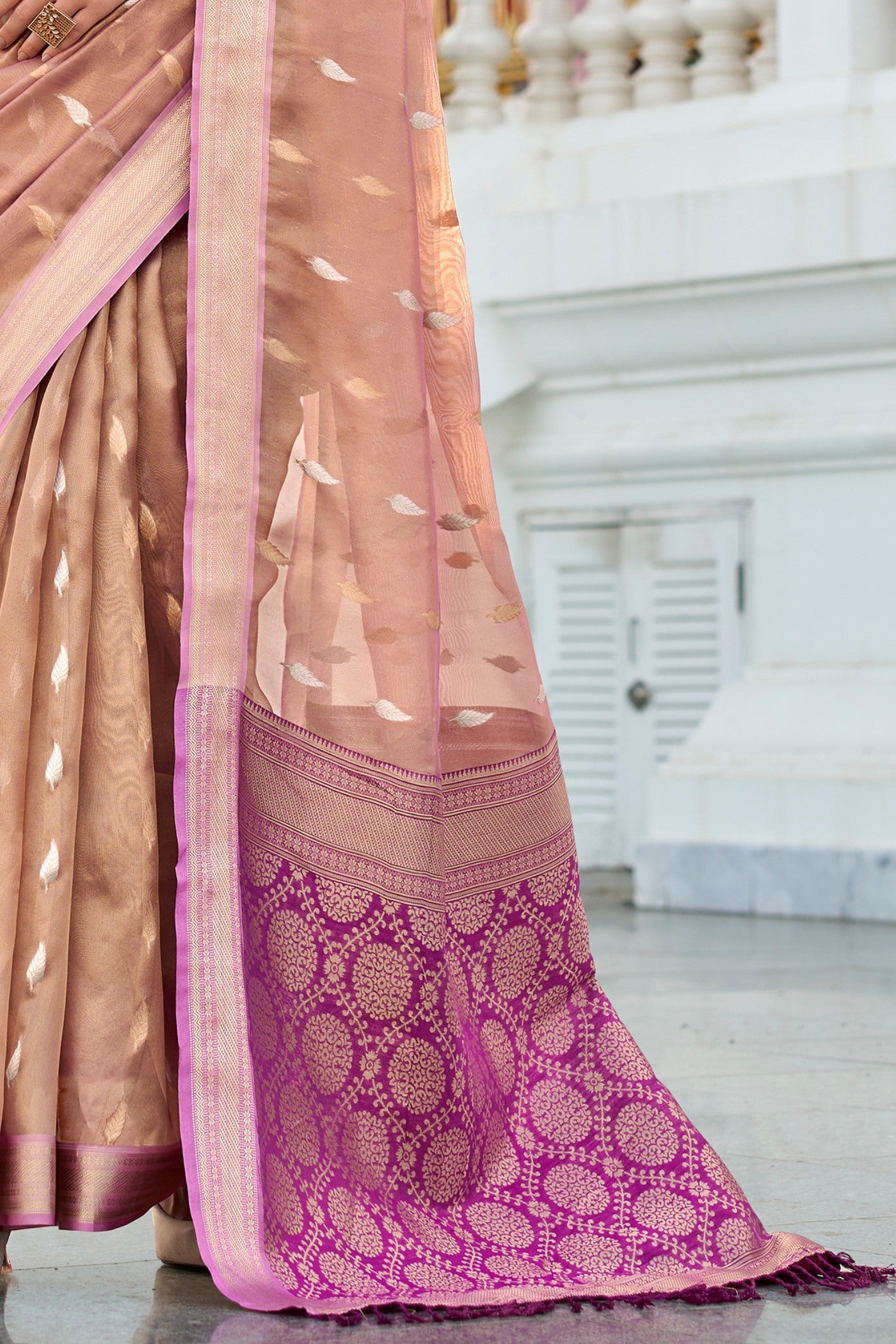 Royal Peach Tissues Silk Zari Booti Woven Saree