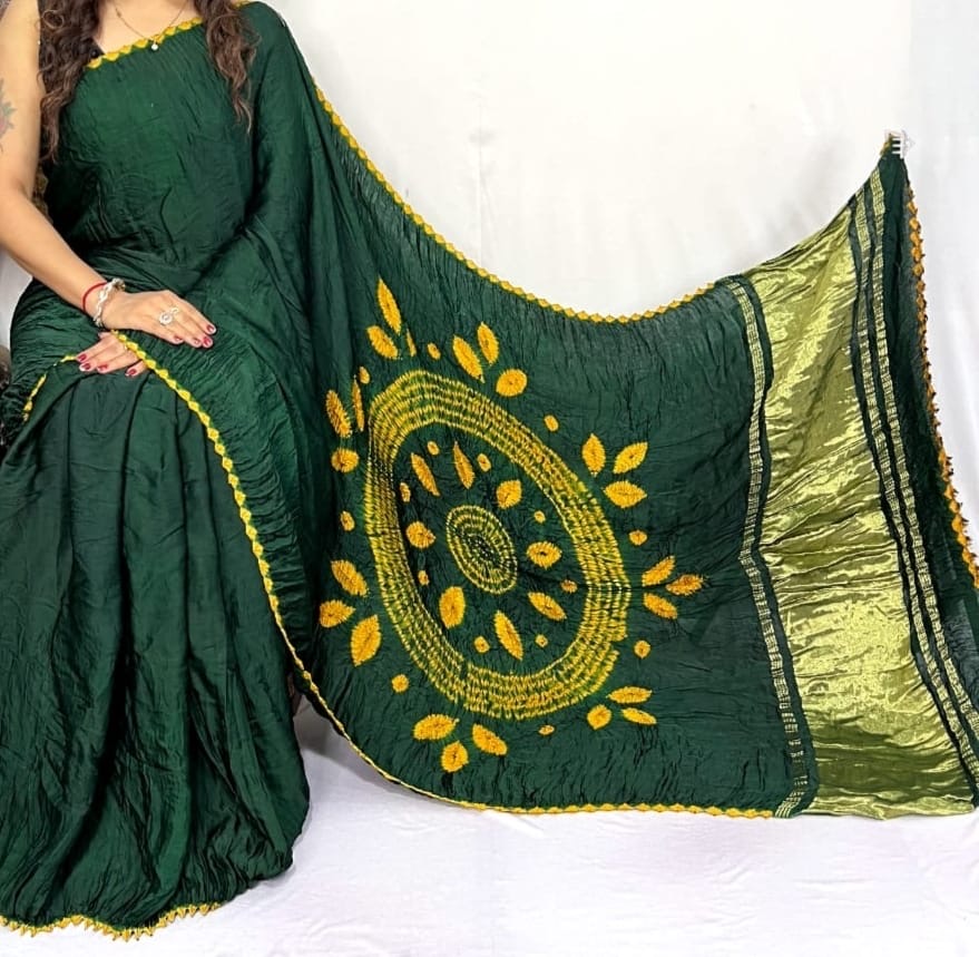 Moss Green Shibori Bandhni Border Pure Modal Silk Plain With Lagdi Pallu Saree