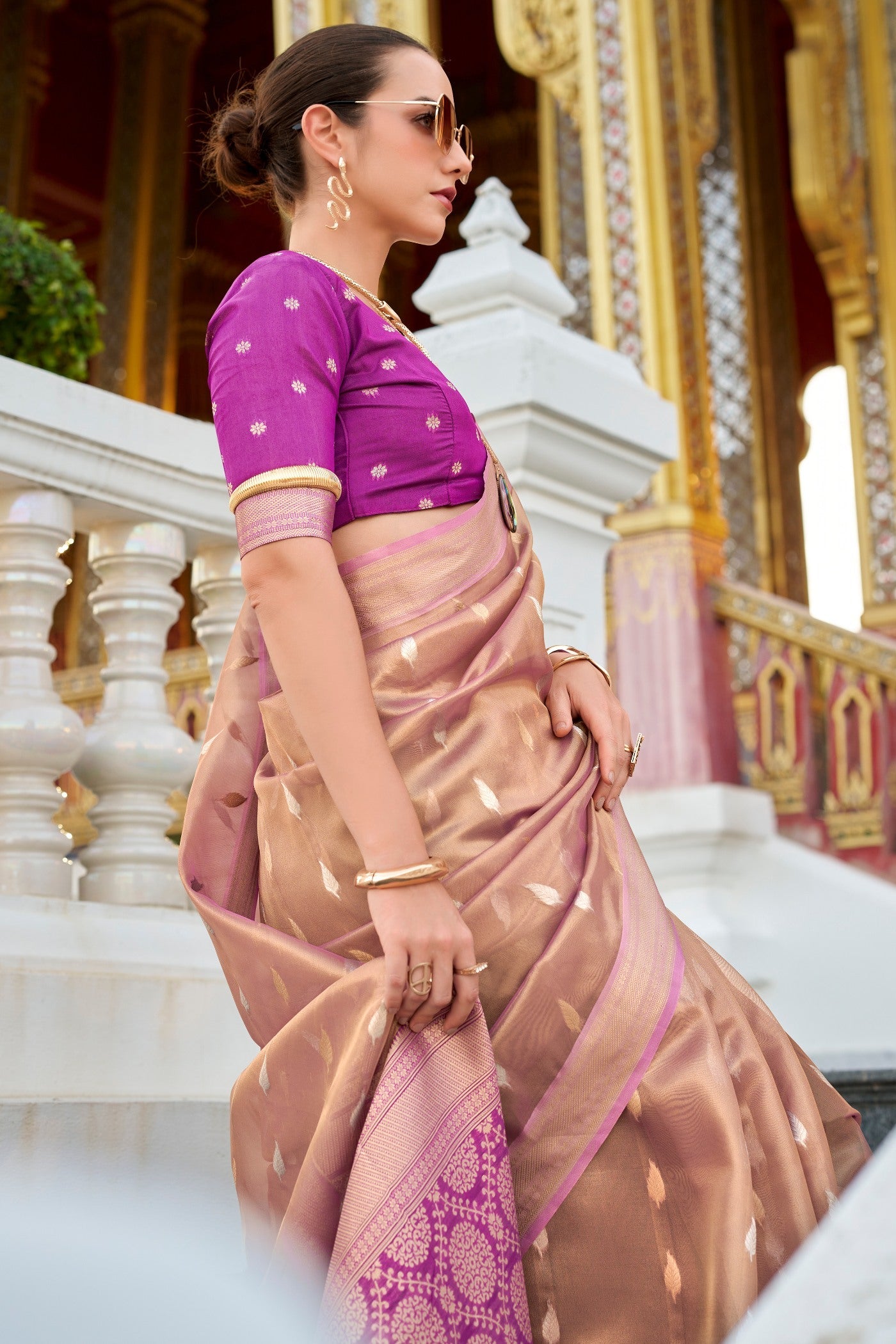 Royal Peach Tissues Silk Zari Booti Woven Saree