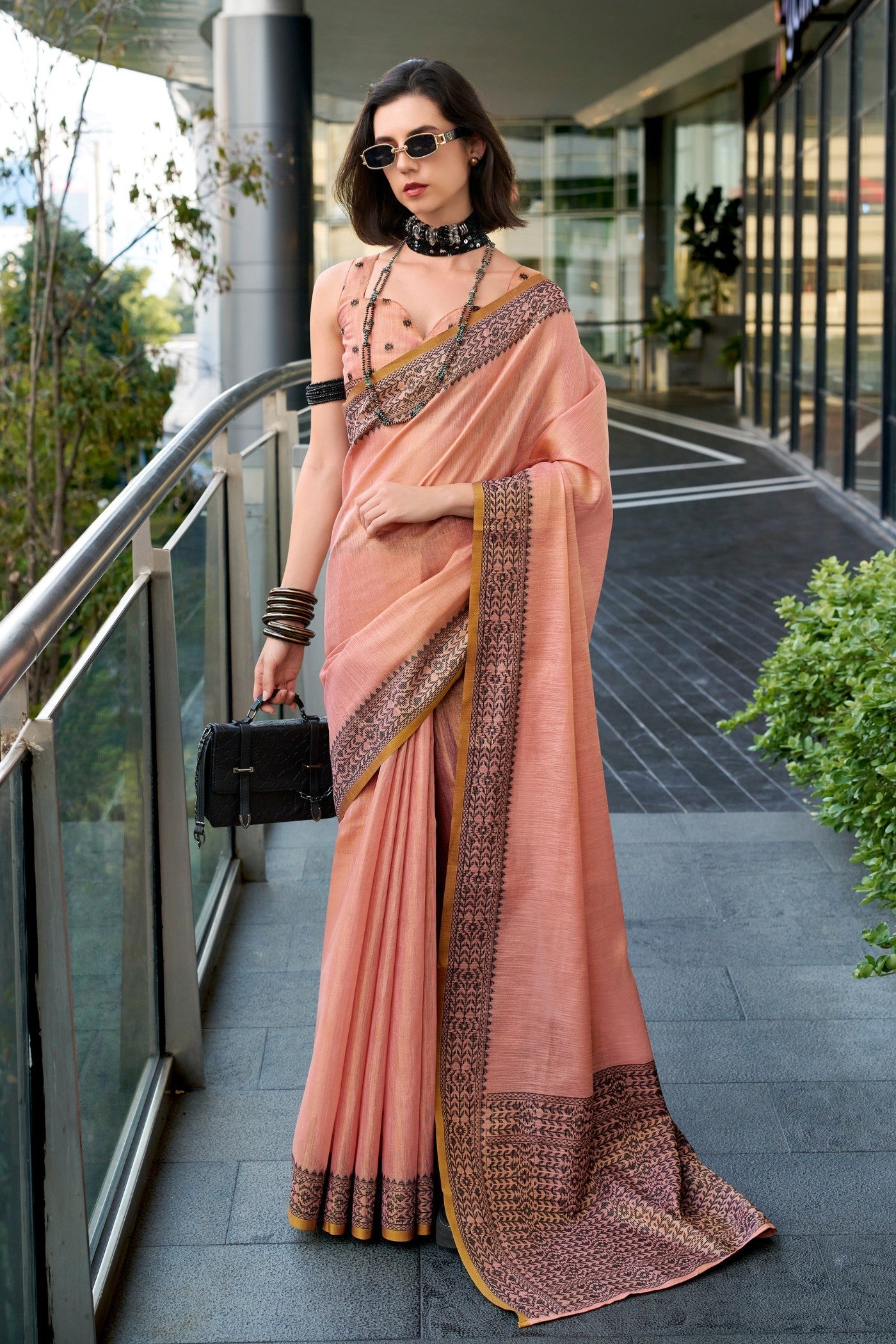 BlackBerry Blush Orange Pure Linen Tissue Silk Woven Saree