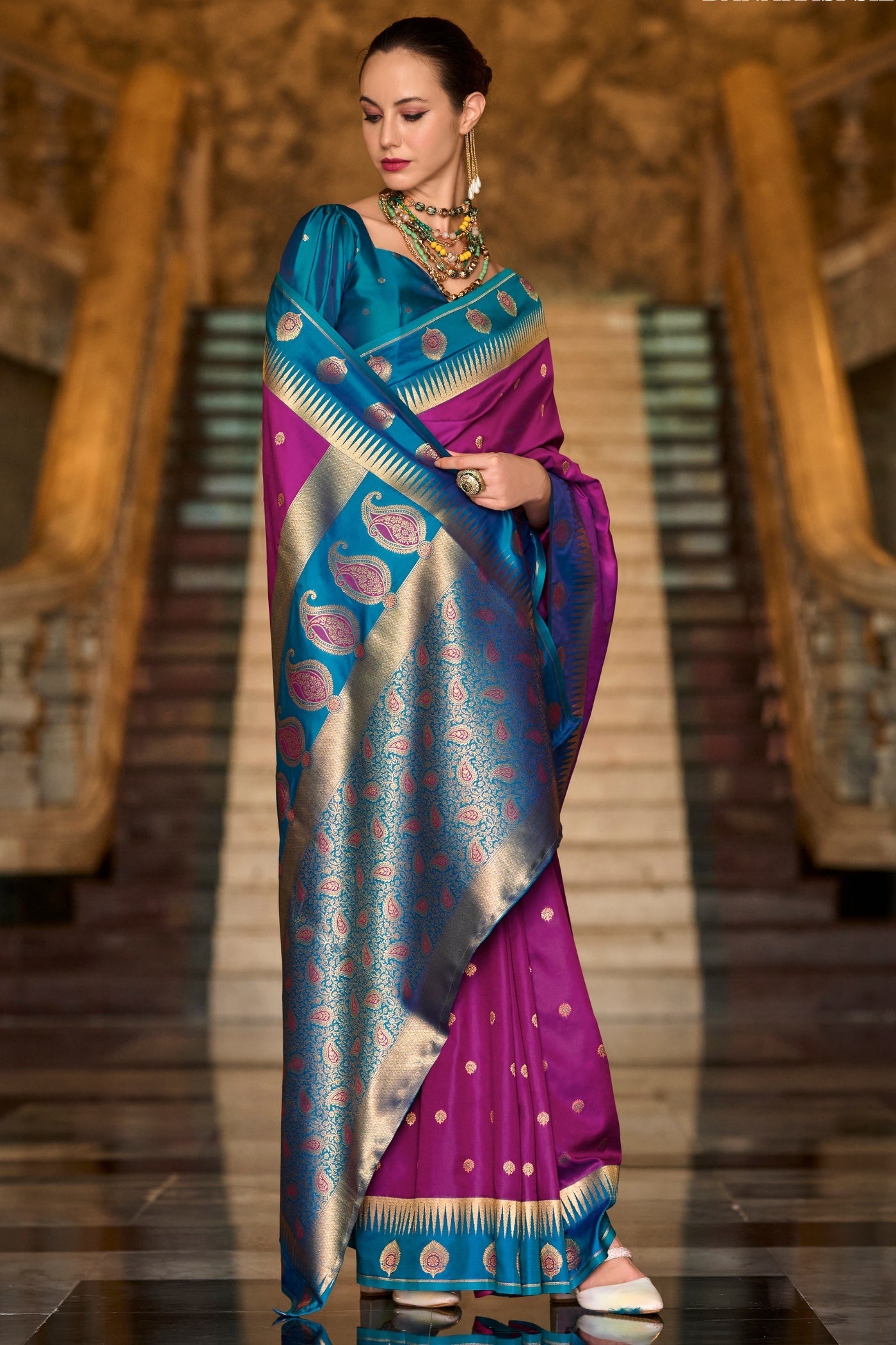 Cherry Purple Pure Soft Banarasi Silk Weaving Saree