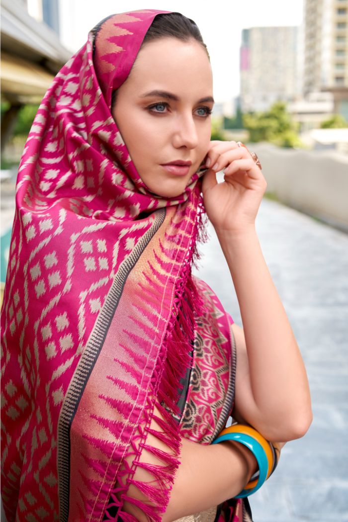 Qutub Minar Black Pure Soft Banarasi Silk Ikkat Weaving Saree