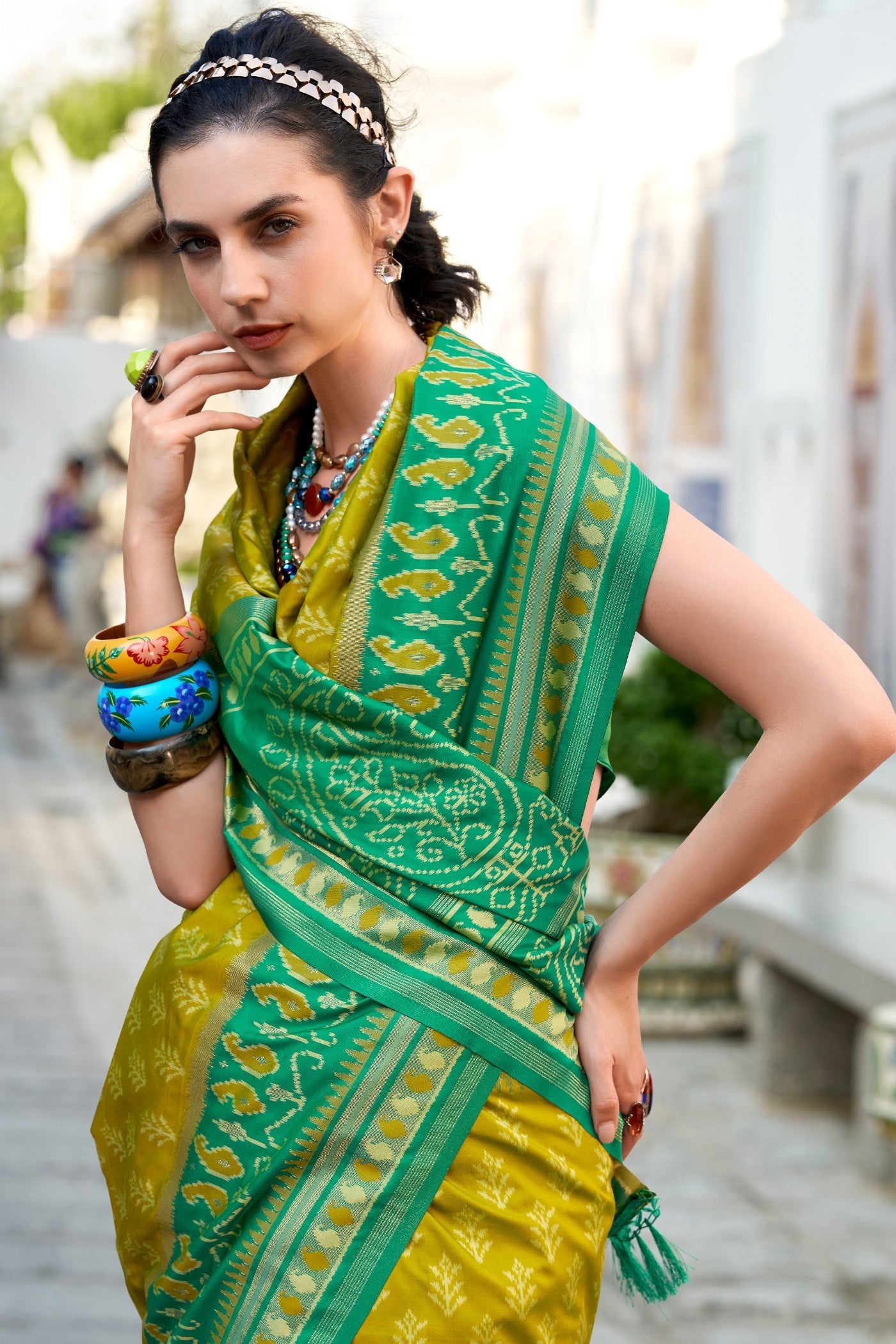 Taj Mahal Mehndi Soft Banarasi Ikkat Silk Woven Saree
