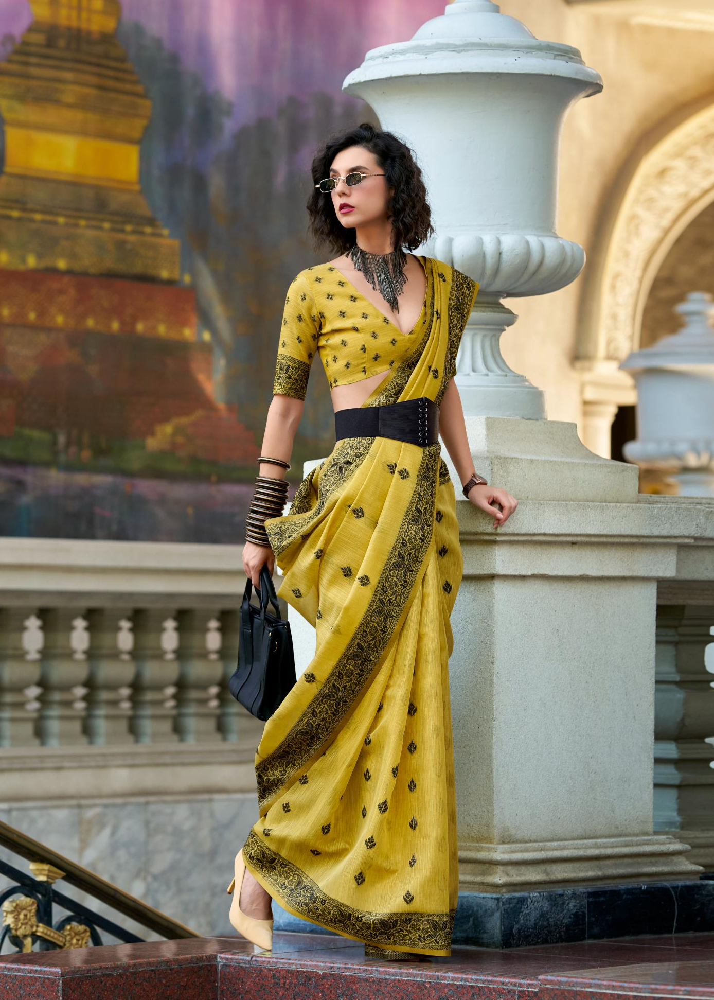 Black Cat Yellow Pure Linen Tissue Silk Woven Saree