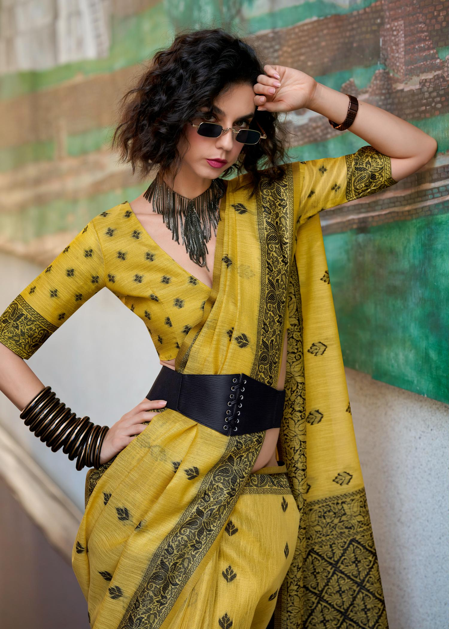 Black Cat Yellow Pure Linen Tissue Silk Woven Saree