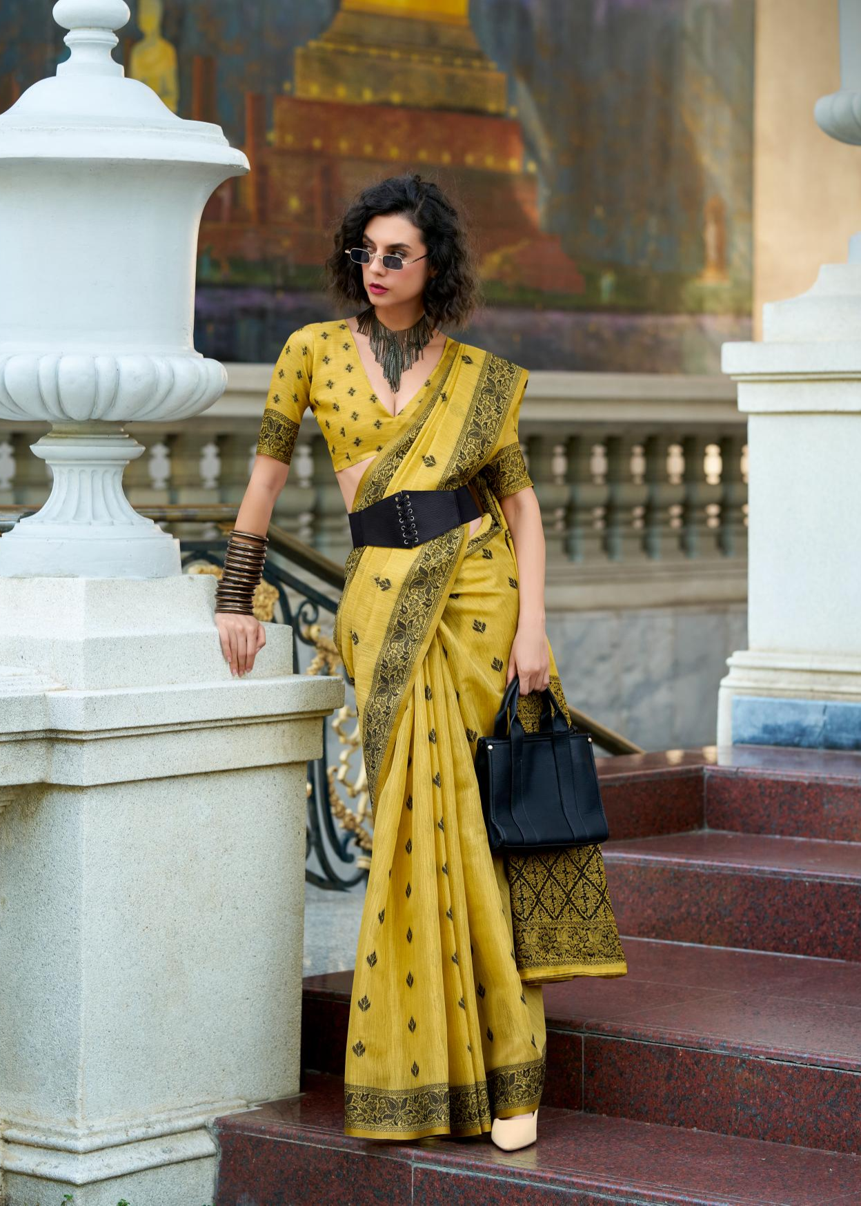 Black Cat Yellow Pure Linen Tissue Silk Woven Saree