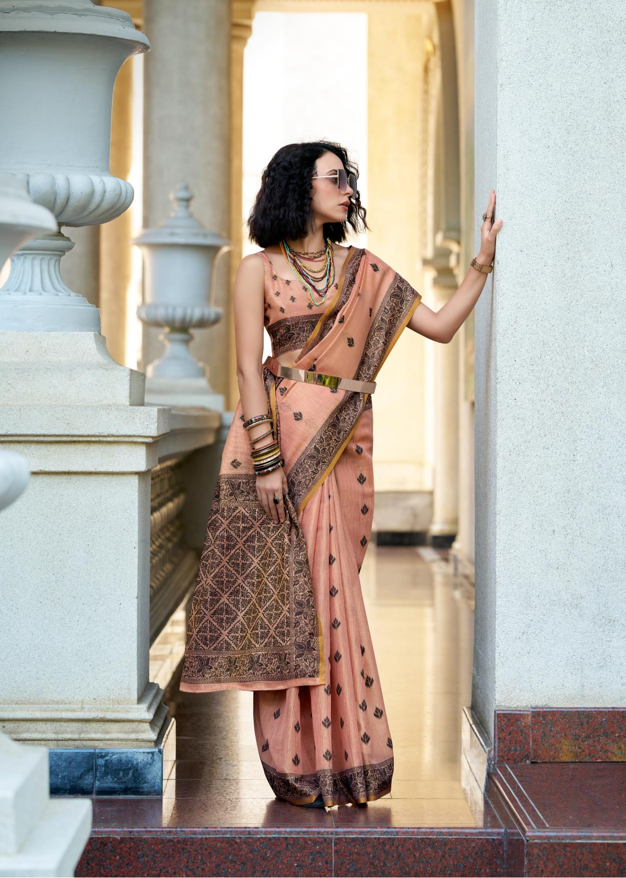 Black Cat Pink Pure Linen Tissue Silk Woven Saree