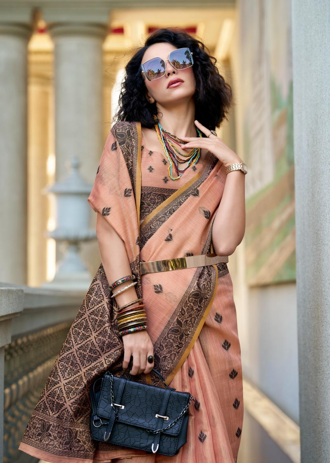 Black Cat Pink Pure Linen Tissue Silk Woven Saree