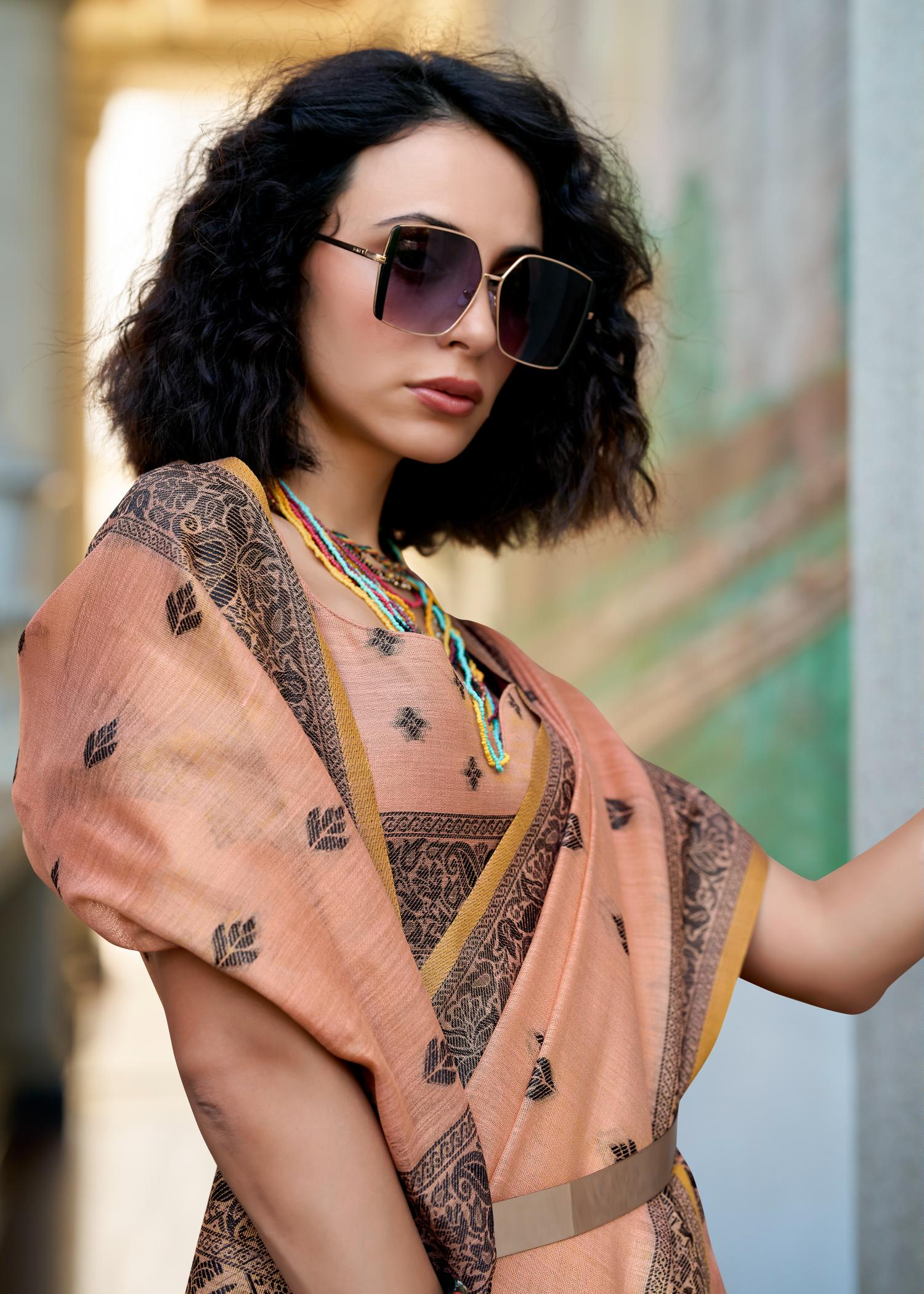 Black Cat Pink Pure Linen Tissue Silk Woven Saree