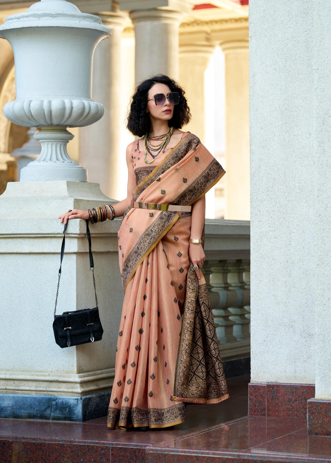 Black Cat Pink Pure Linen Tissue Silk Woven Saree