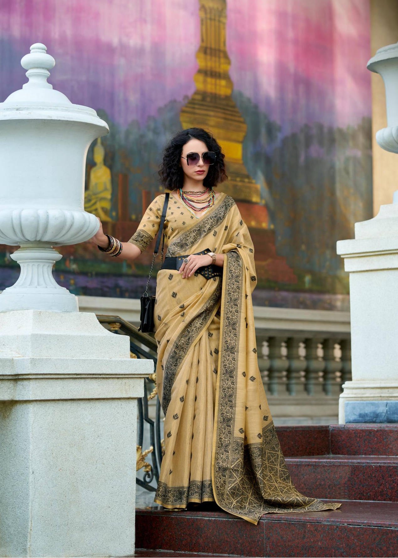 Black Cat Crem Pure Linen Tissue Silk Woven Saree