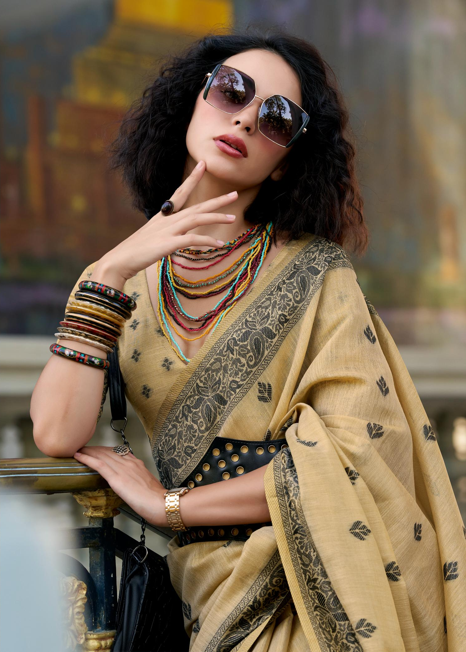 Black Cat Crem Pure Linen Tissue Silk Woven Saree