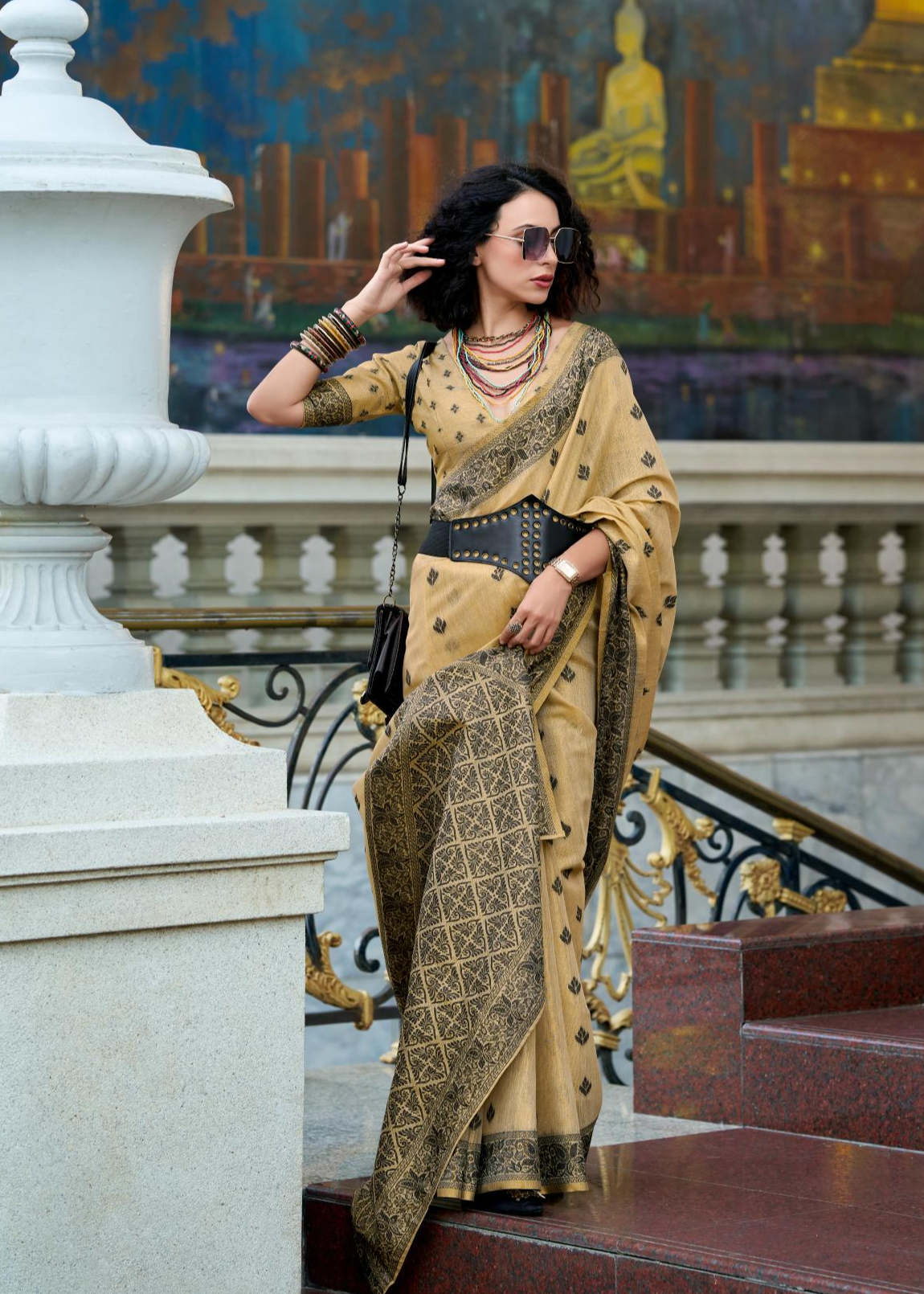 Black Cat Crem Pure Linen Tissue Silk Woven Saree