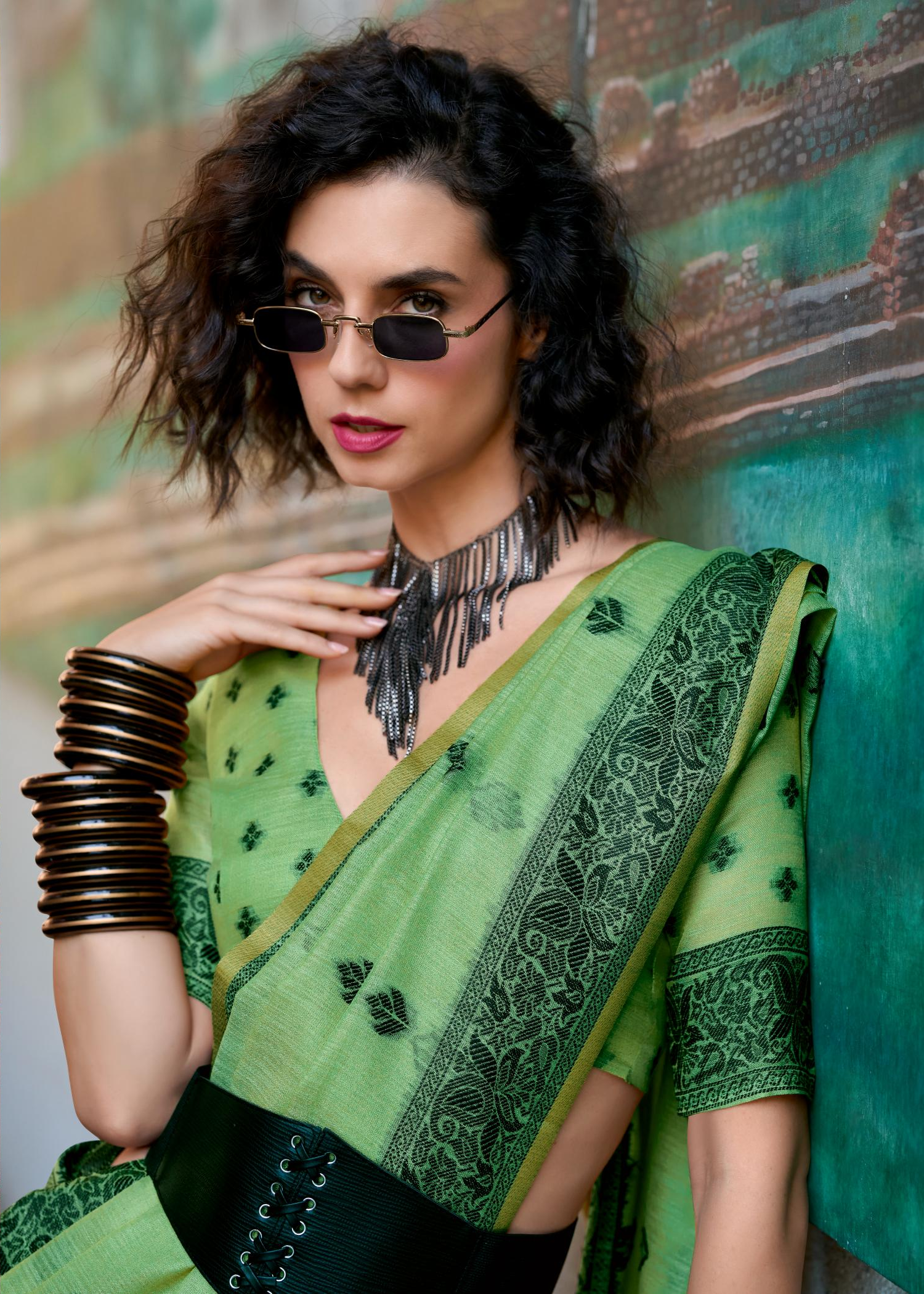 Black Cat Green Pure Linen Tissue Silk Woven Saree