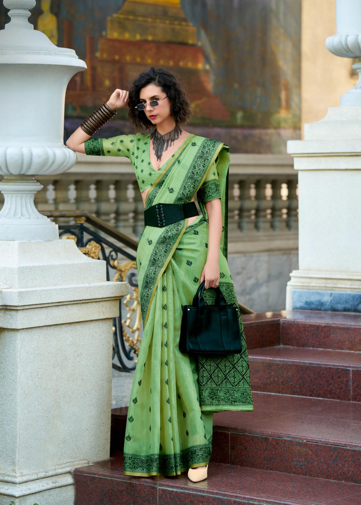 Black Cat Green Pure Linen Tissue Silk Woven Saree