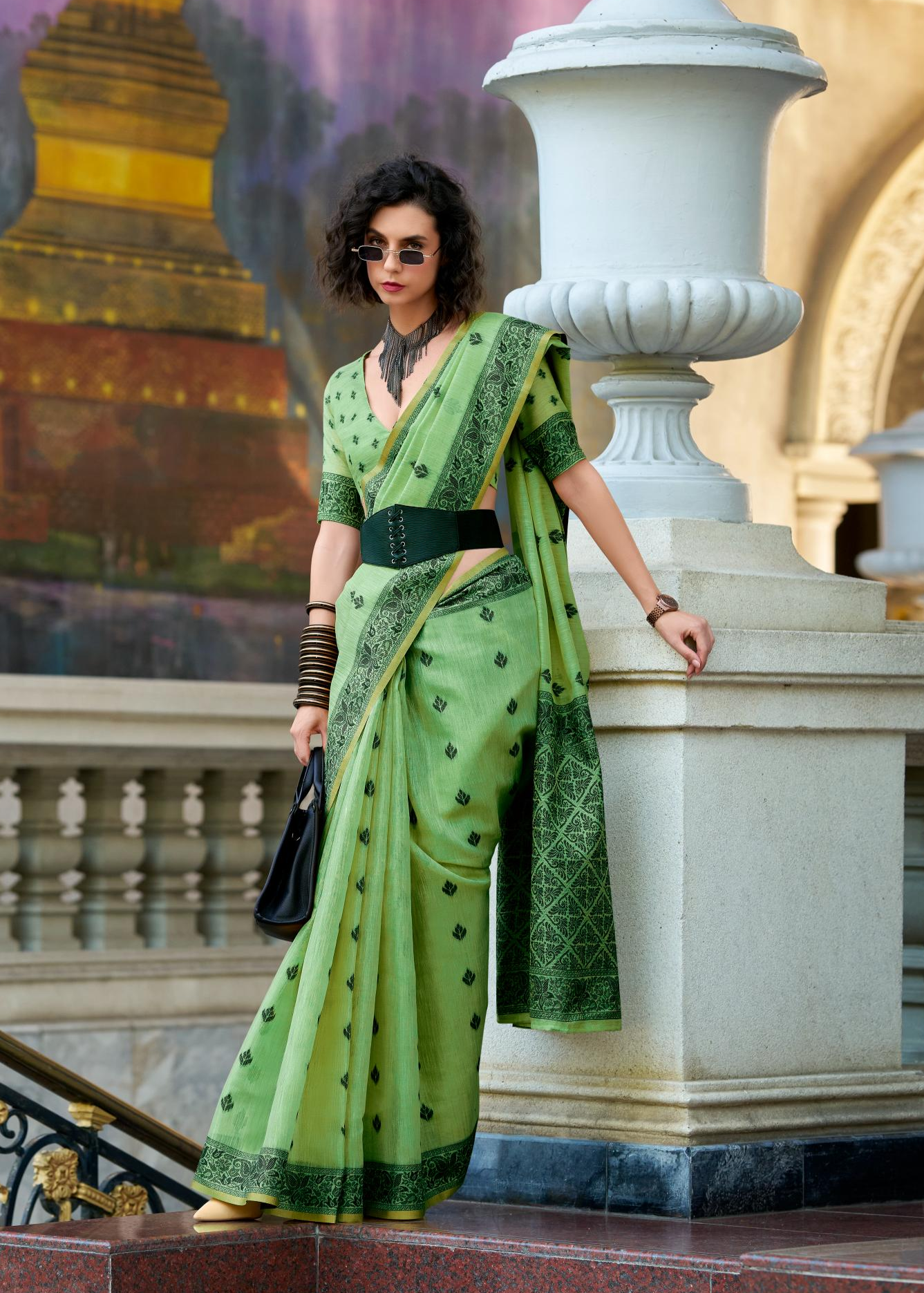 Black Cat Green Pure Linen Tissue Silk Woven Saree