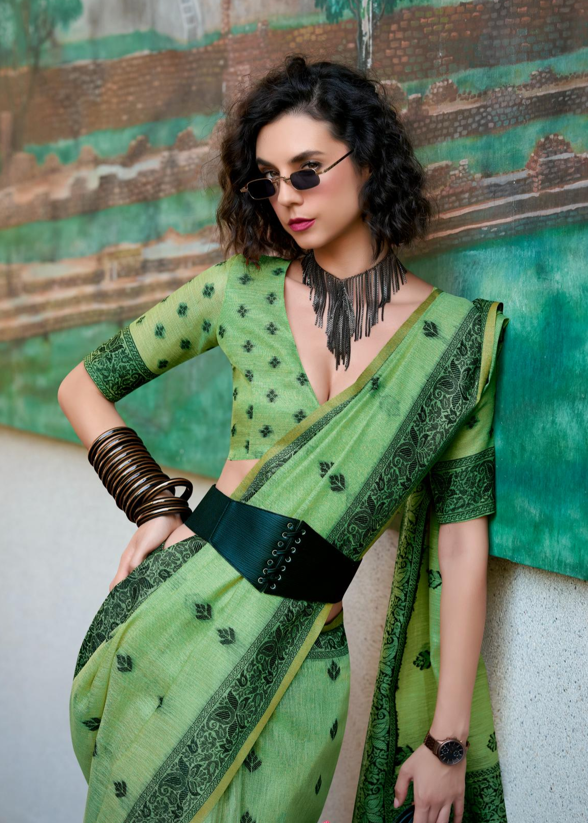 Black Cat Green Pure Linen Tissue Silk Woven Saree