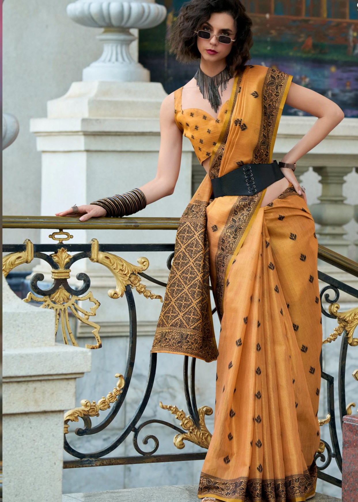 Black Cat Orange Pure Linen Tissue Silk Woven Saree