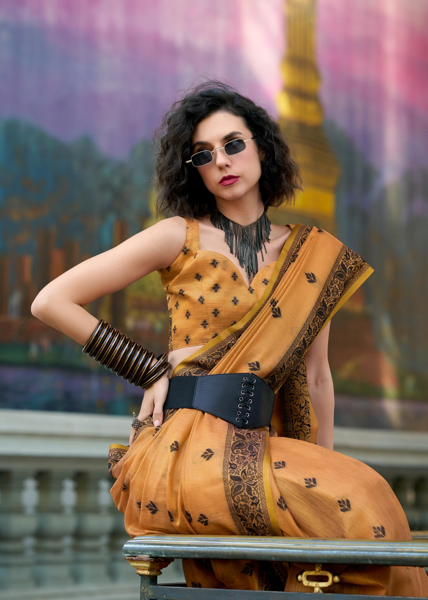 Black Cat Orange Pure Linen Tissue Silk Woven Saree
