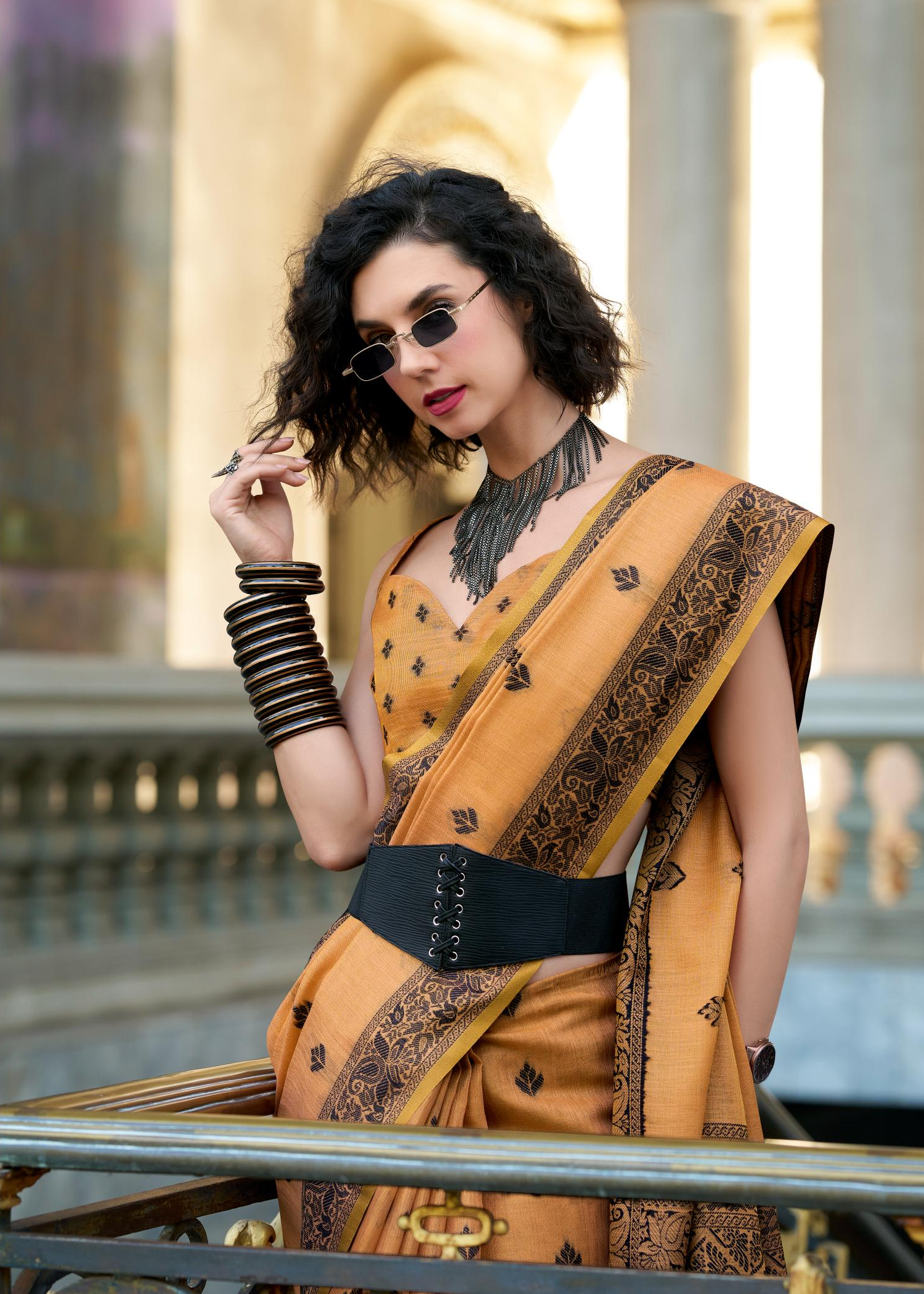 Black Cat Orange Pure Linen Tissue Silk Woven Saree