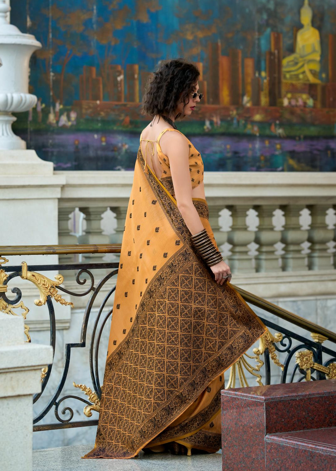 Black Cat Orange Pure Linen Tissue Silk Woven Saree