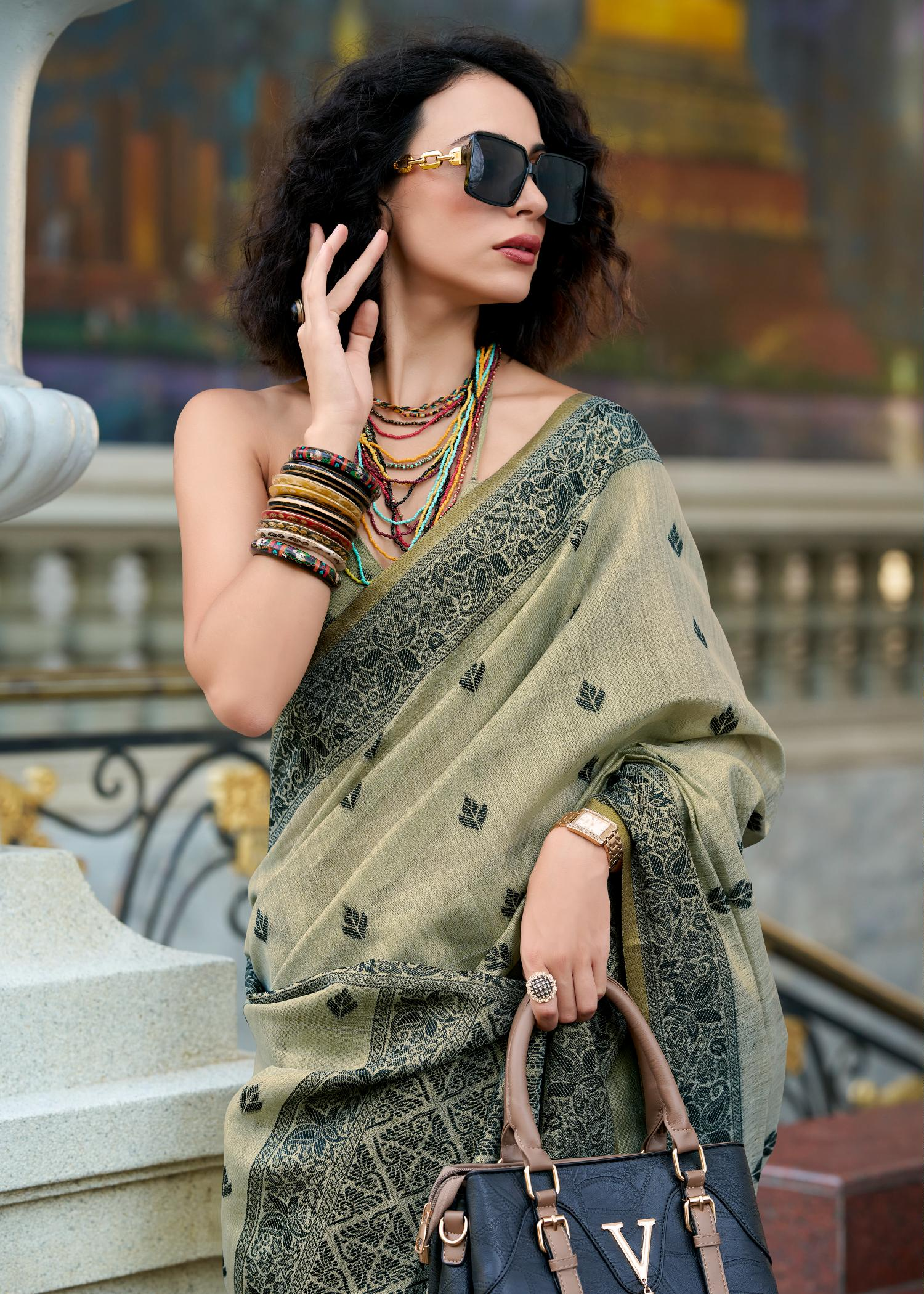 Black Cat Grey Pure Linen Tissue Silk Woven Saree
